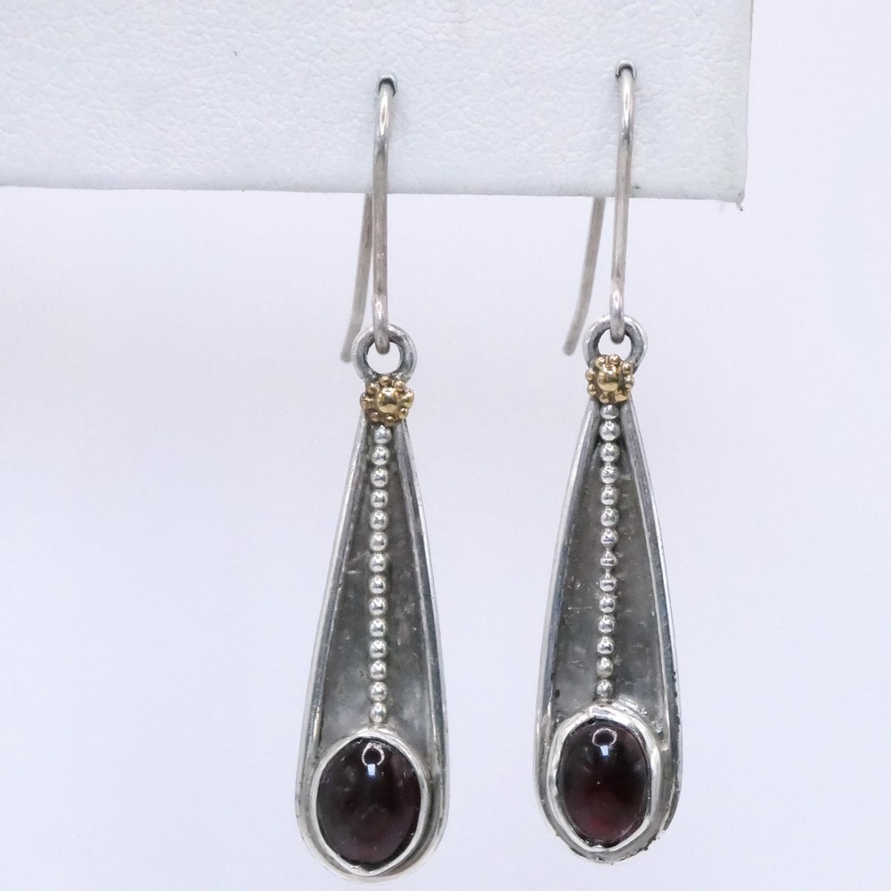 Sterling Silver 925 Red Garnet Cabochon Drop Dangle 1.7" Womens Earrings
